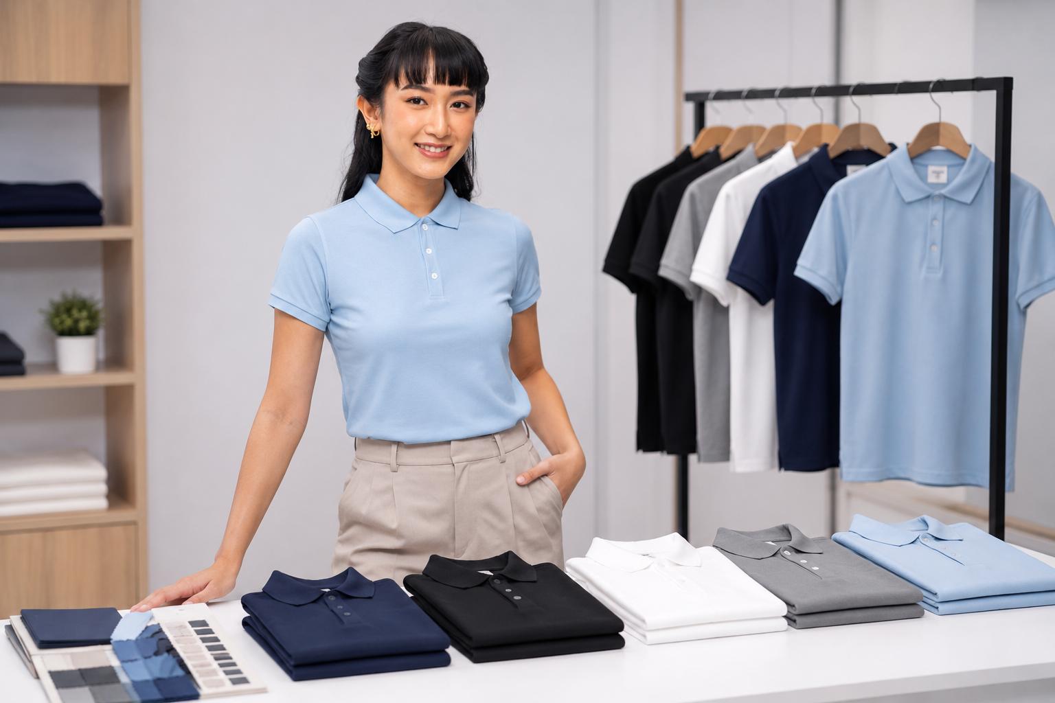Female model wearing a light blue polo shirt beside folded polo shirts and hanging uniform samples.