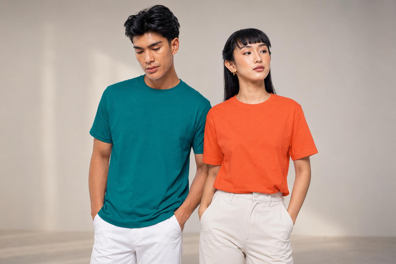 Male and female models wearing teal and orange plain shirts with white pants in a studio setting.