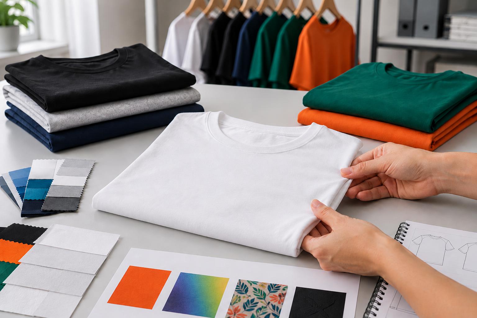 Folded plain shirts, fabric swatches, and design samples on a worktable.