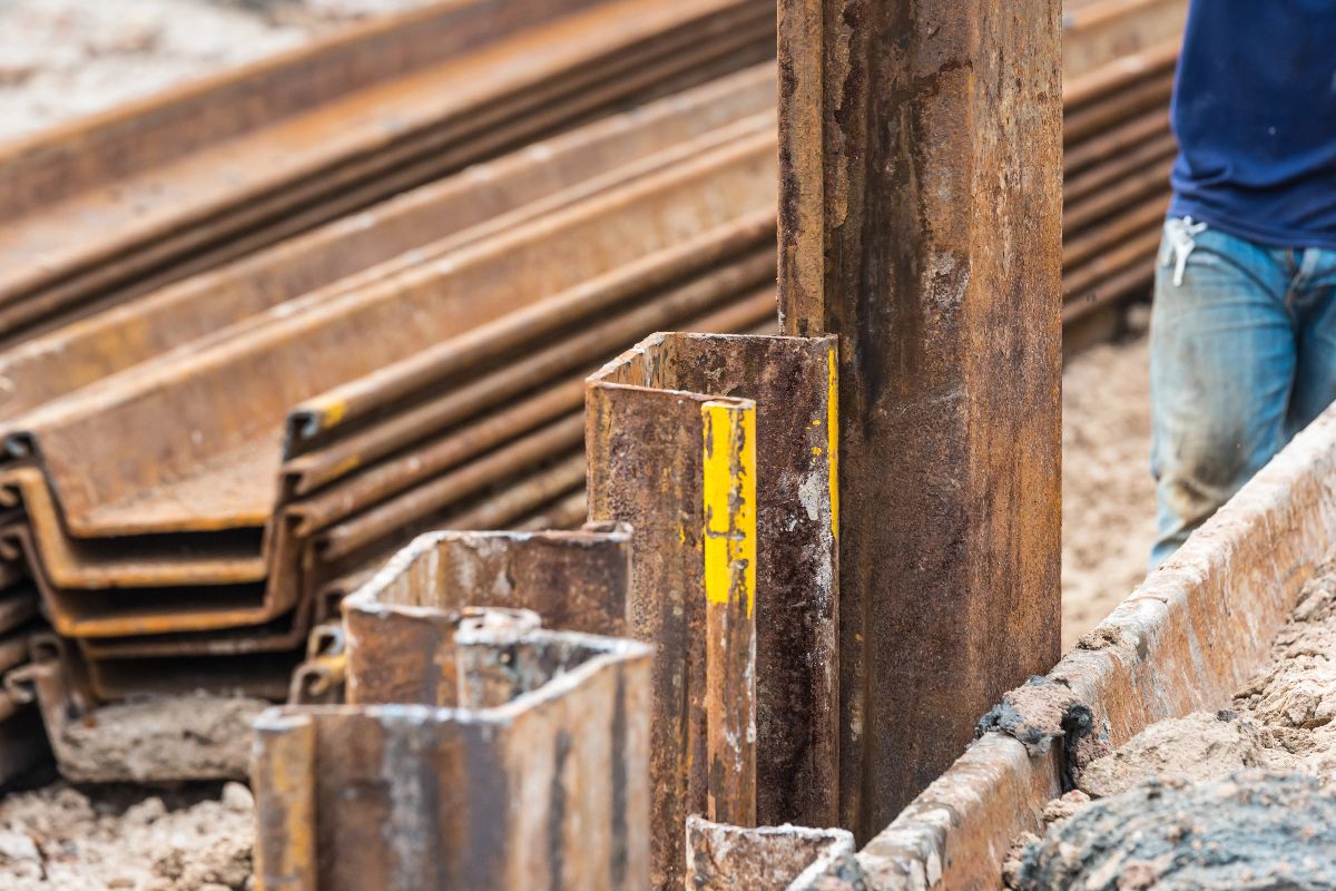 Close-up of steel sheet piles installed in soil for excavation and foundation support