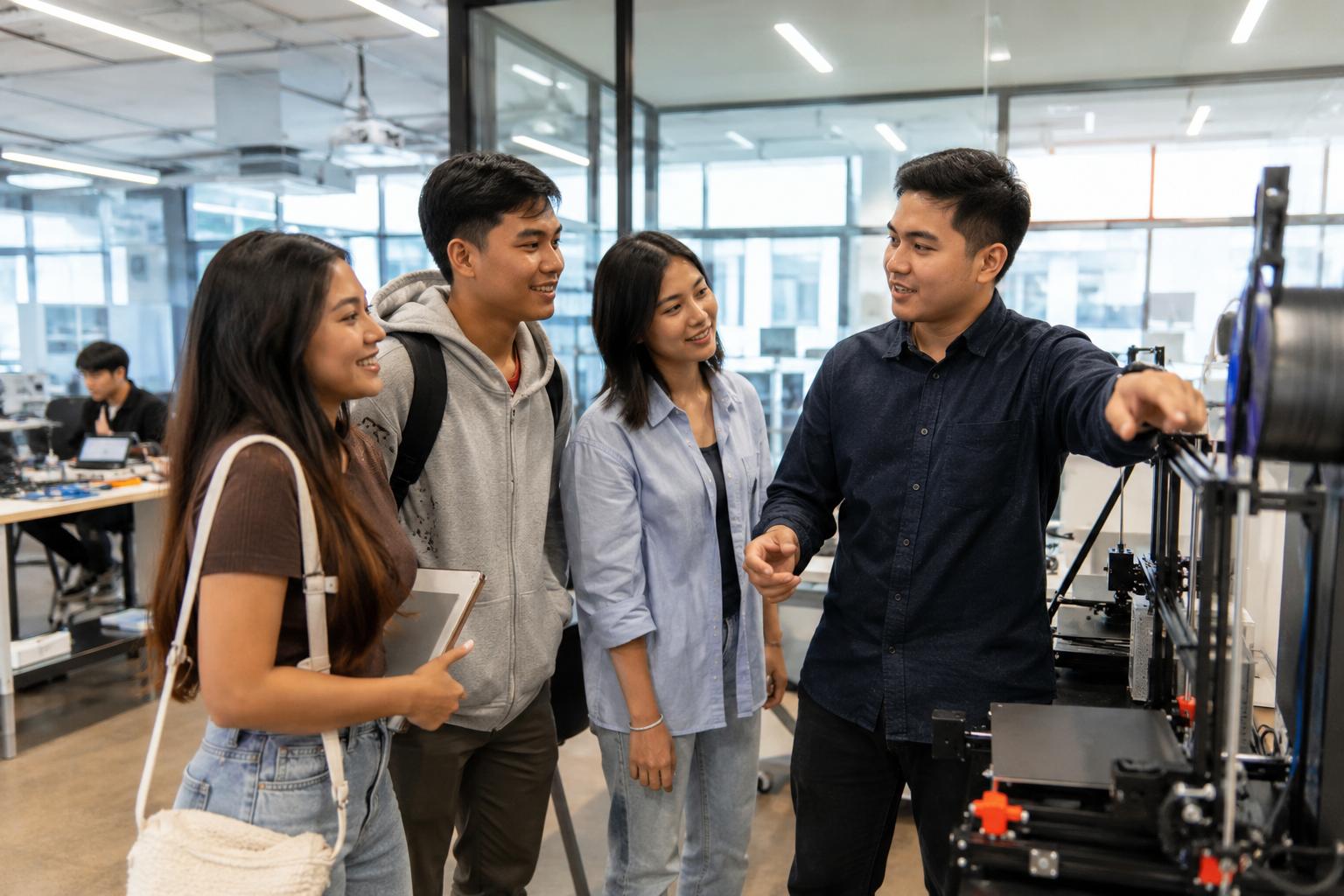 College students listening as an instructor demonstrates equipment inside a technology laboratory