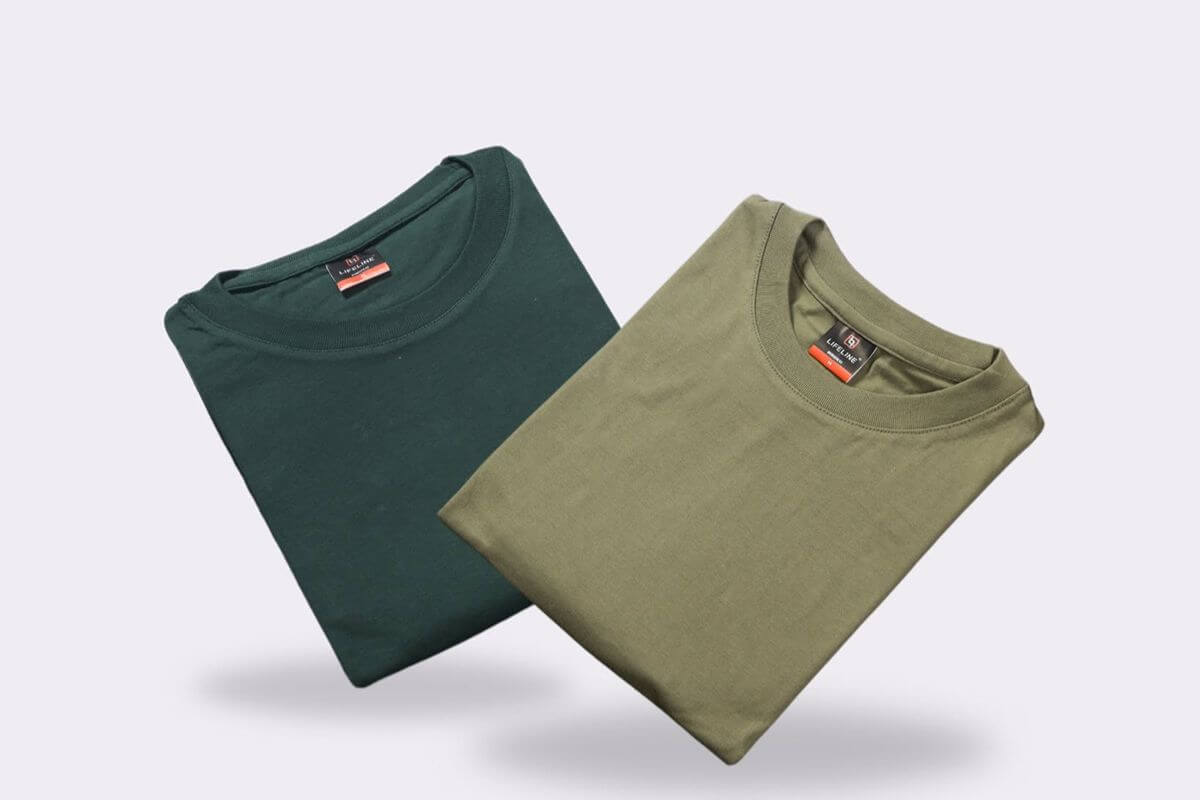 Folded green and olive Lifeline plain round neck shirts
