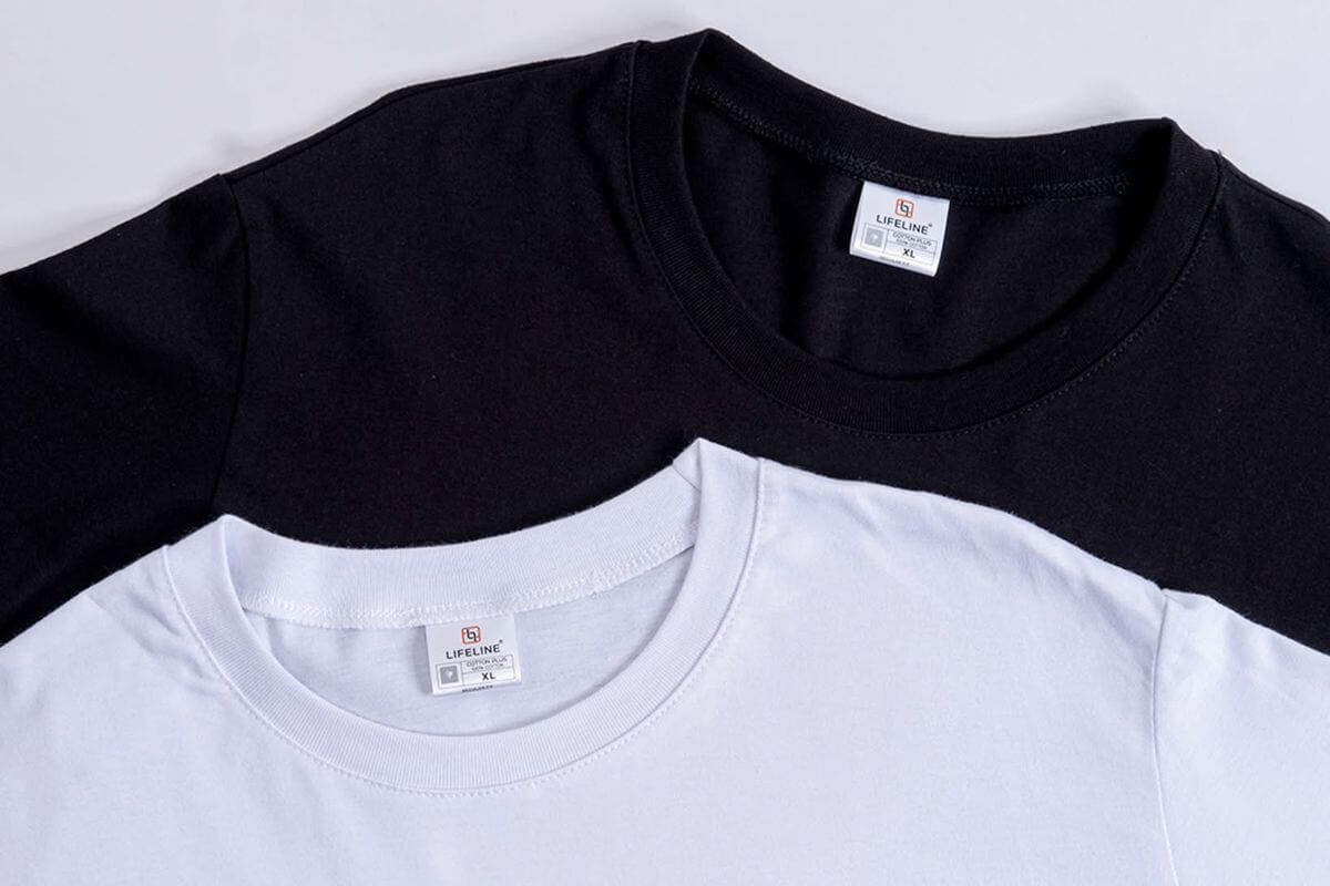 Black and white Lifeline plain shirts showing round neckline and fabric details