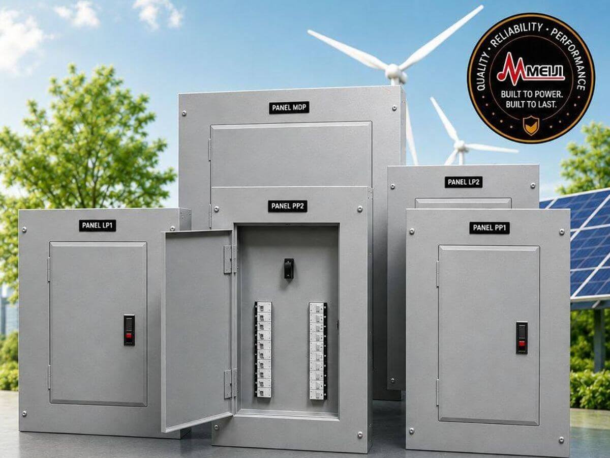 Meiji Electric panelboards in different enclosure sizes for residential, commercial, and industrial electrical applications