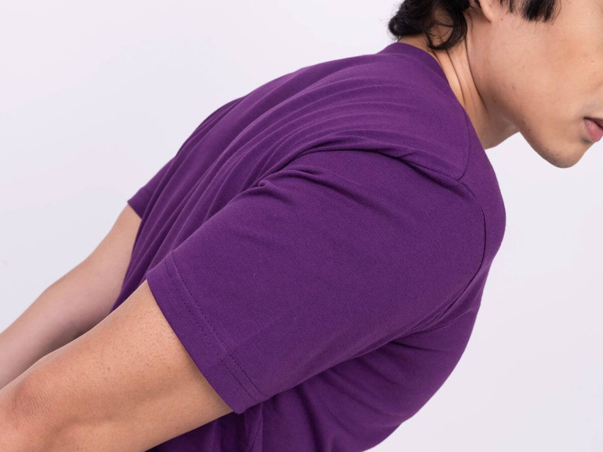 Close-up of Lifeline Shirts purple plain shirt sleeve and shoulder fit