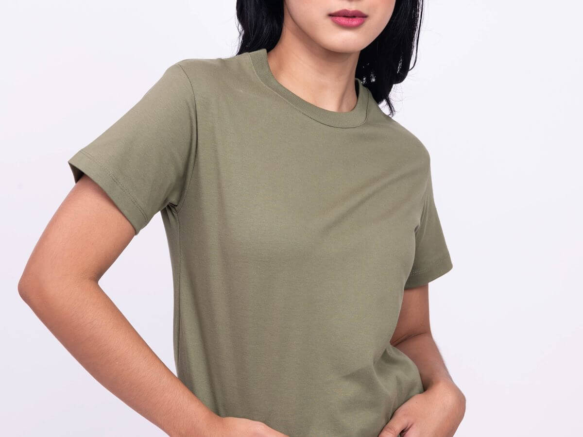 Model wearing a Lifeline Shirts olive green plain round neck shirt