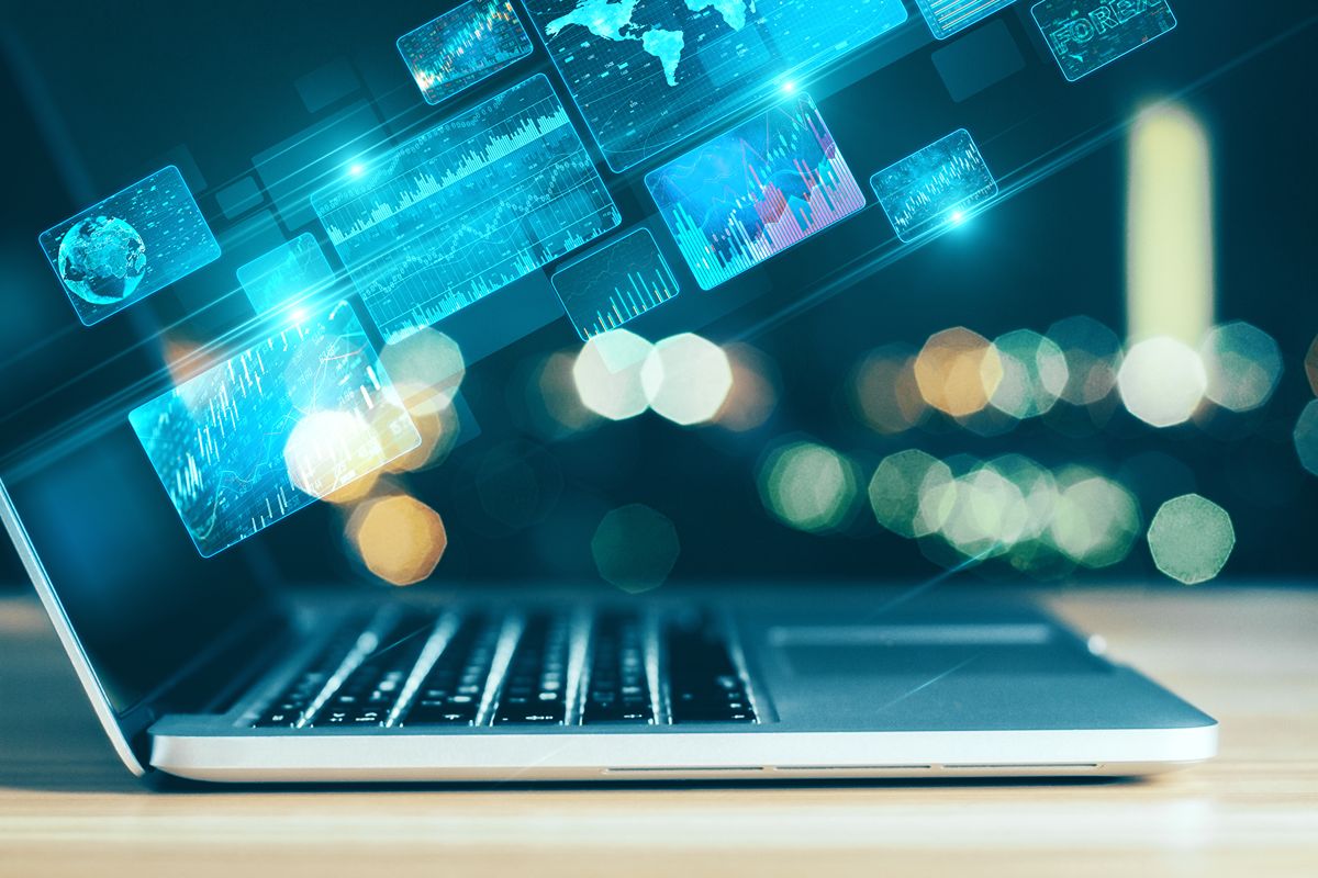Laptop with digital interface graphics representing technical SEO improvements such as crawlability, indexing, site speed, security, and website structure